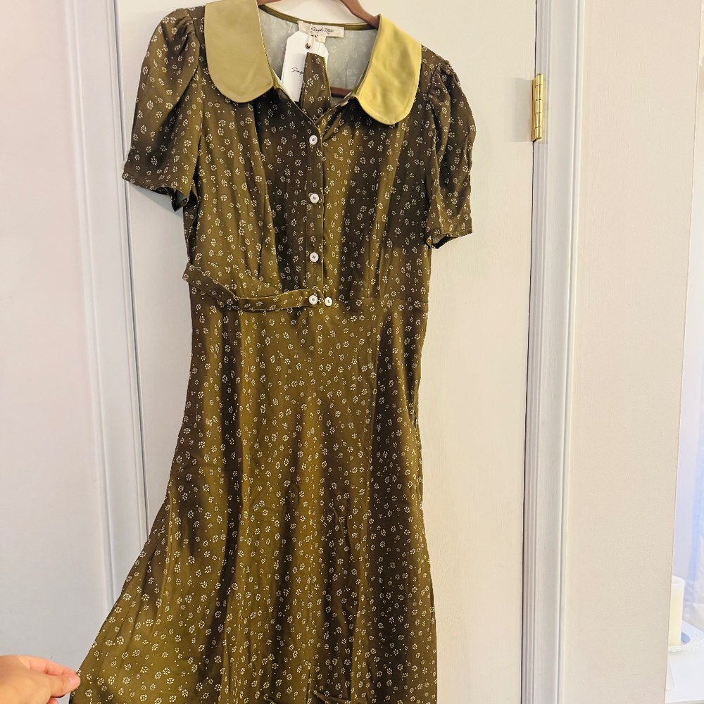 Brand New! Simple Retro Vintage Style Dress Olive Green Size L (runs small)